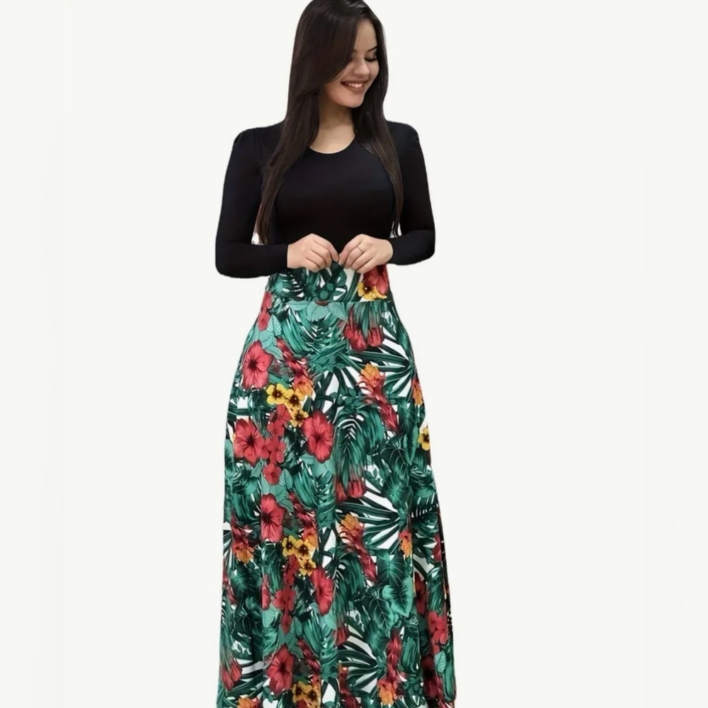Floral Print Long Sleeve Round Neck Medium Stretch Maxi Dress